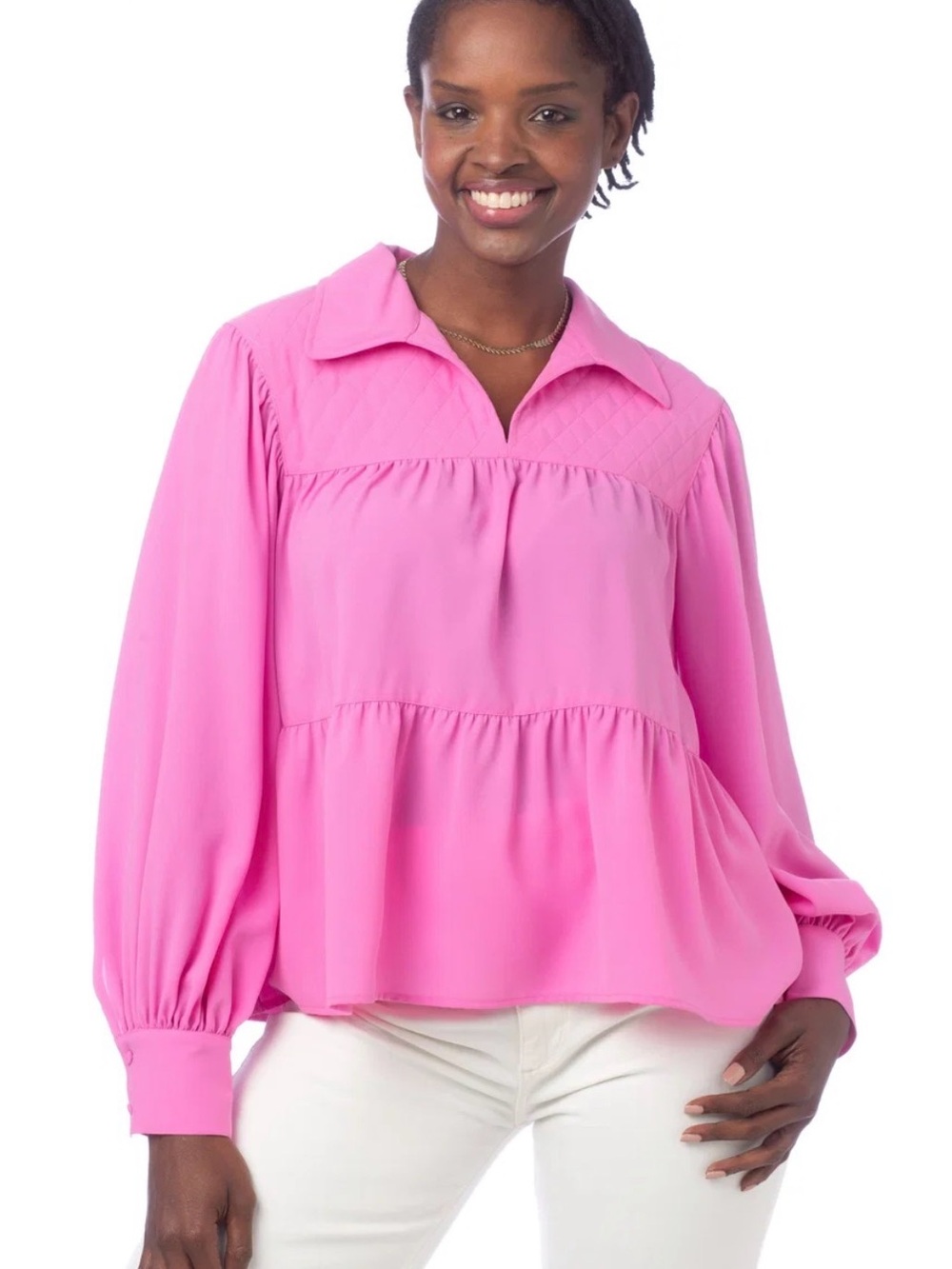 Crosby by Mollie Burch Women's Pink Peasant Blouse - Casual V-Neck Top